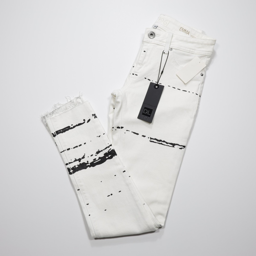 DL1961 Women's Hybrid 360 Splatter Print Skinny Jeans Denim‎ Raw Edge White 25